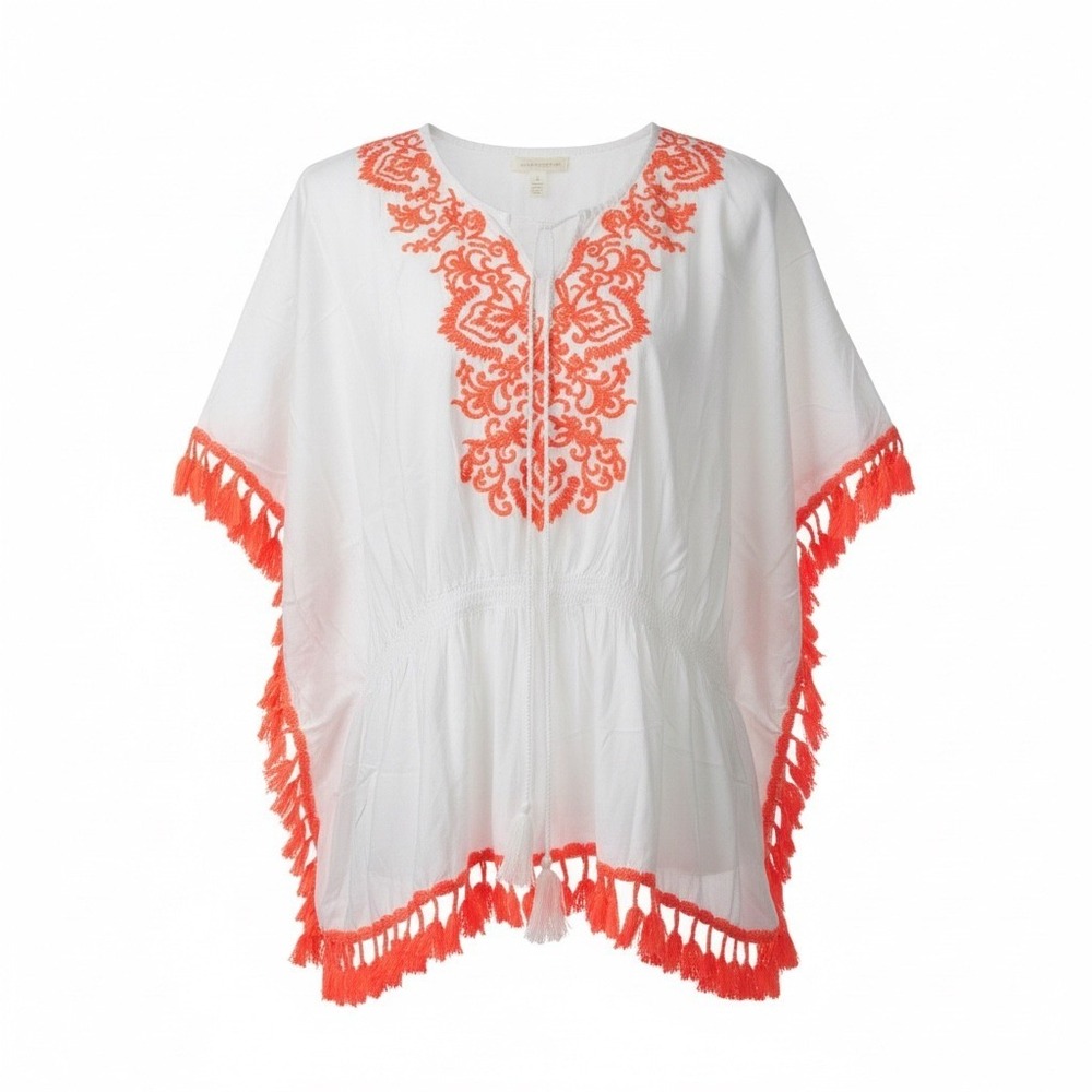Do Everything In Love White Neon Orange Embroidered Tassel Kaftan Top One Size
